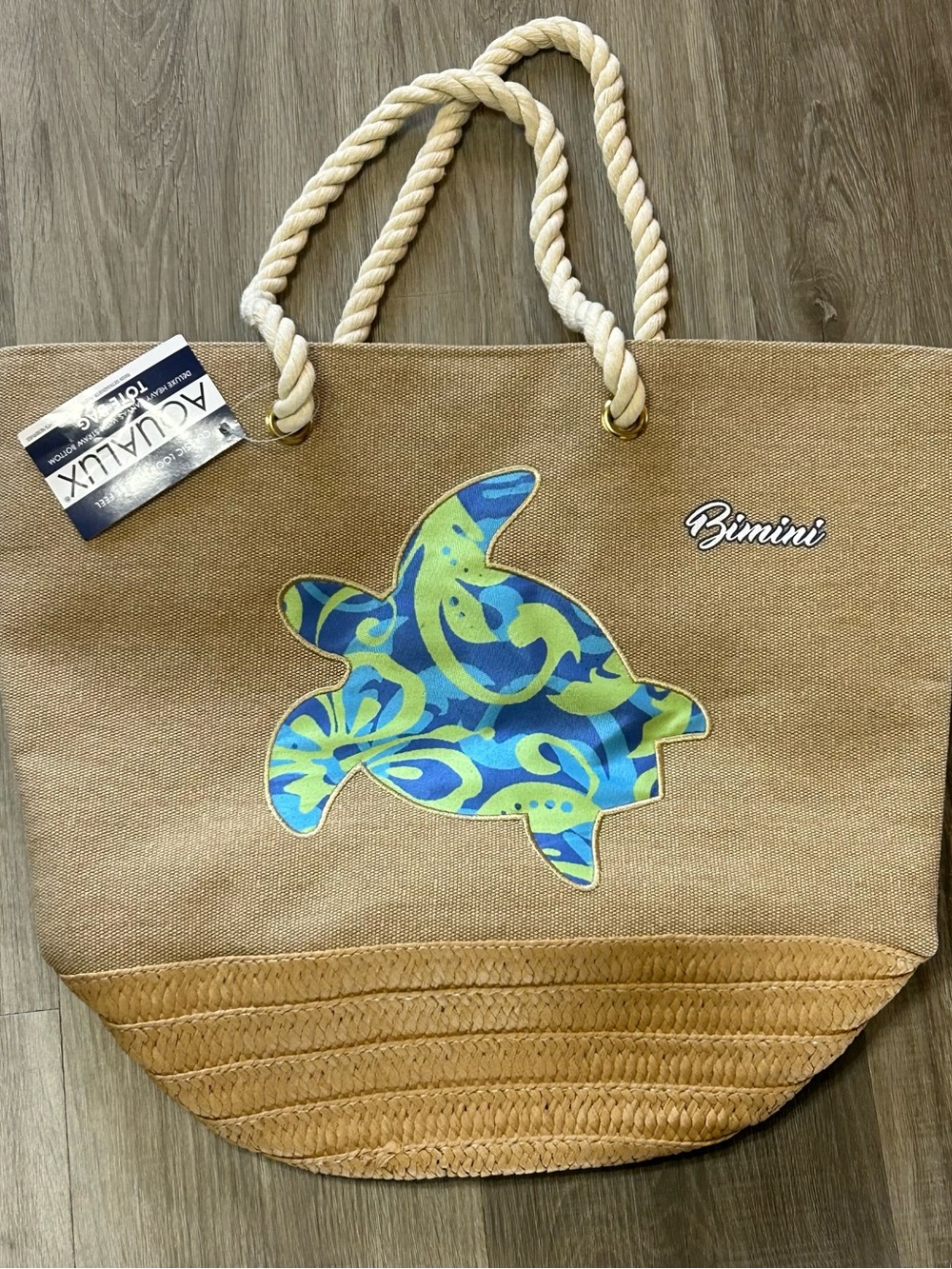 NWT Aqualux Bimini Bahamas Beach Tote Bag Wicker Bottom Sea Turtle Rope Handle